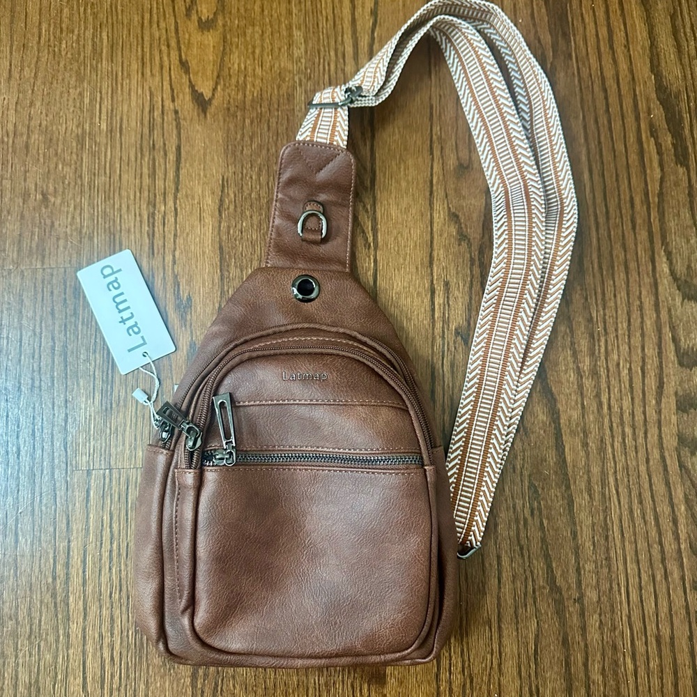 Latmap Brown Faux Leather Sling Crossbody Bag w/ Adjustable Strap – NWT
